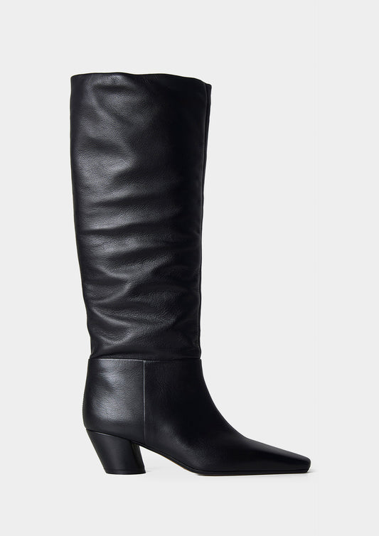 Leather High Boot with Square Heel - Black