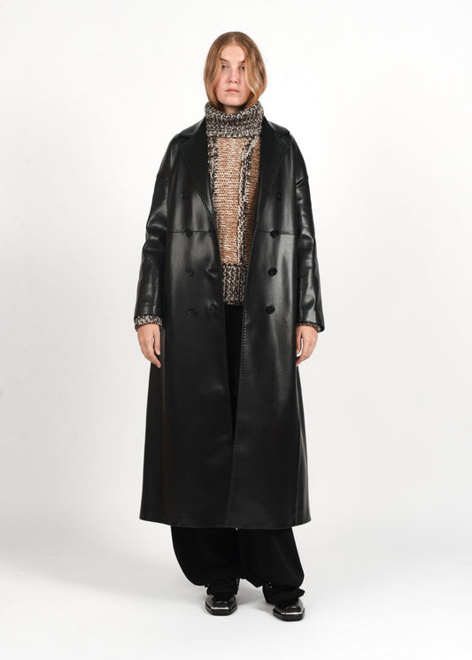 Long Faux Leather Coat - Black