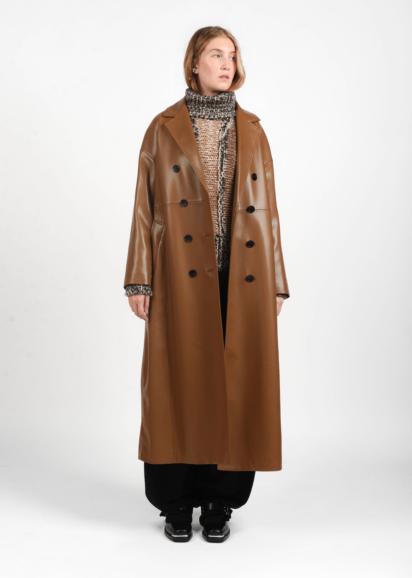 Long Faux Leather Coat - Sigaro