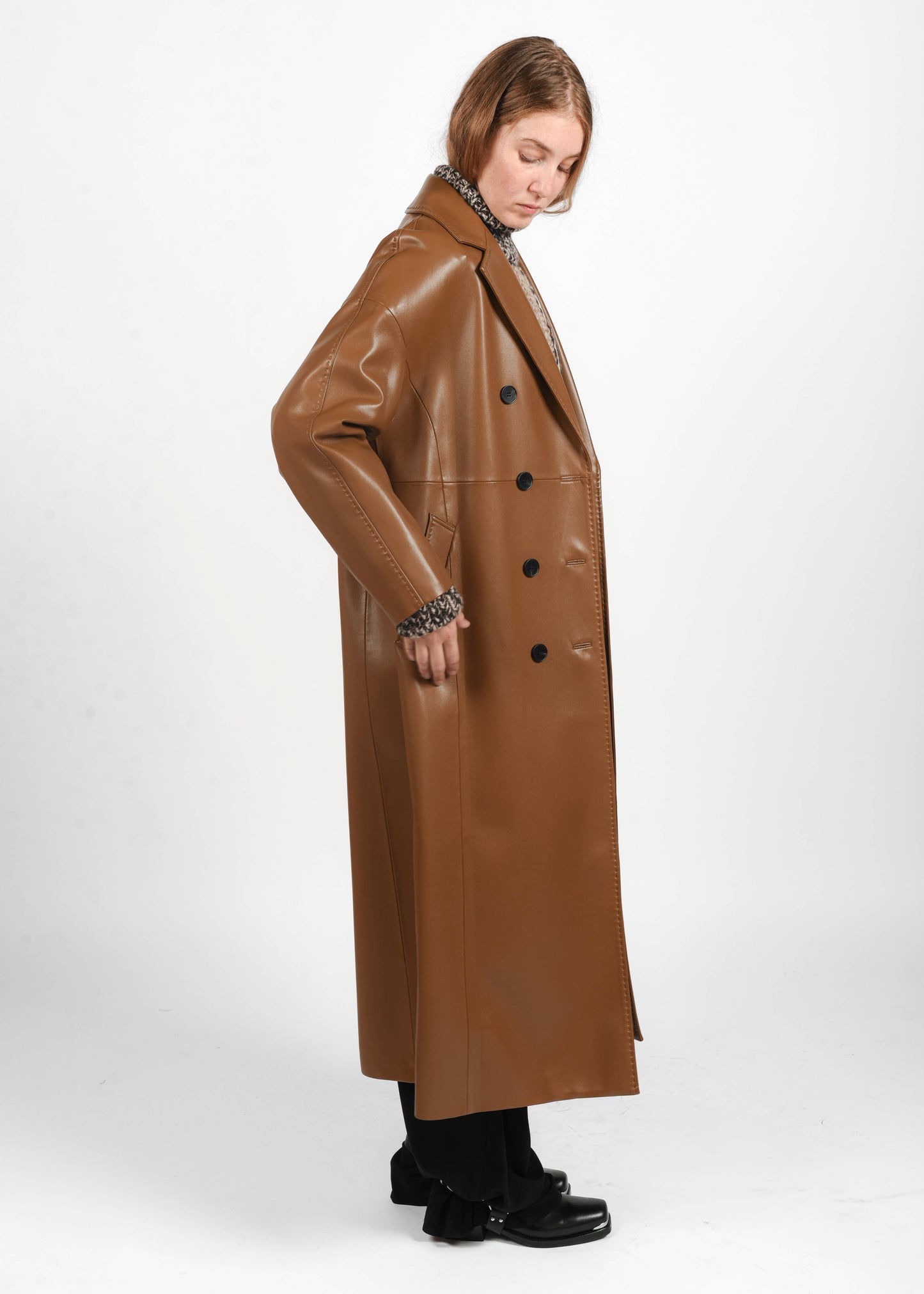 Long Faux Leather Coat - Sigaro