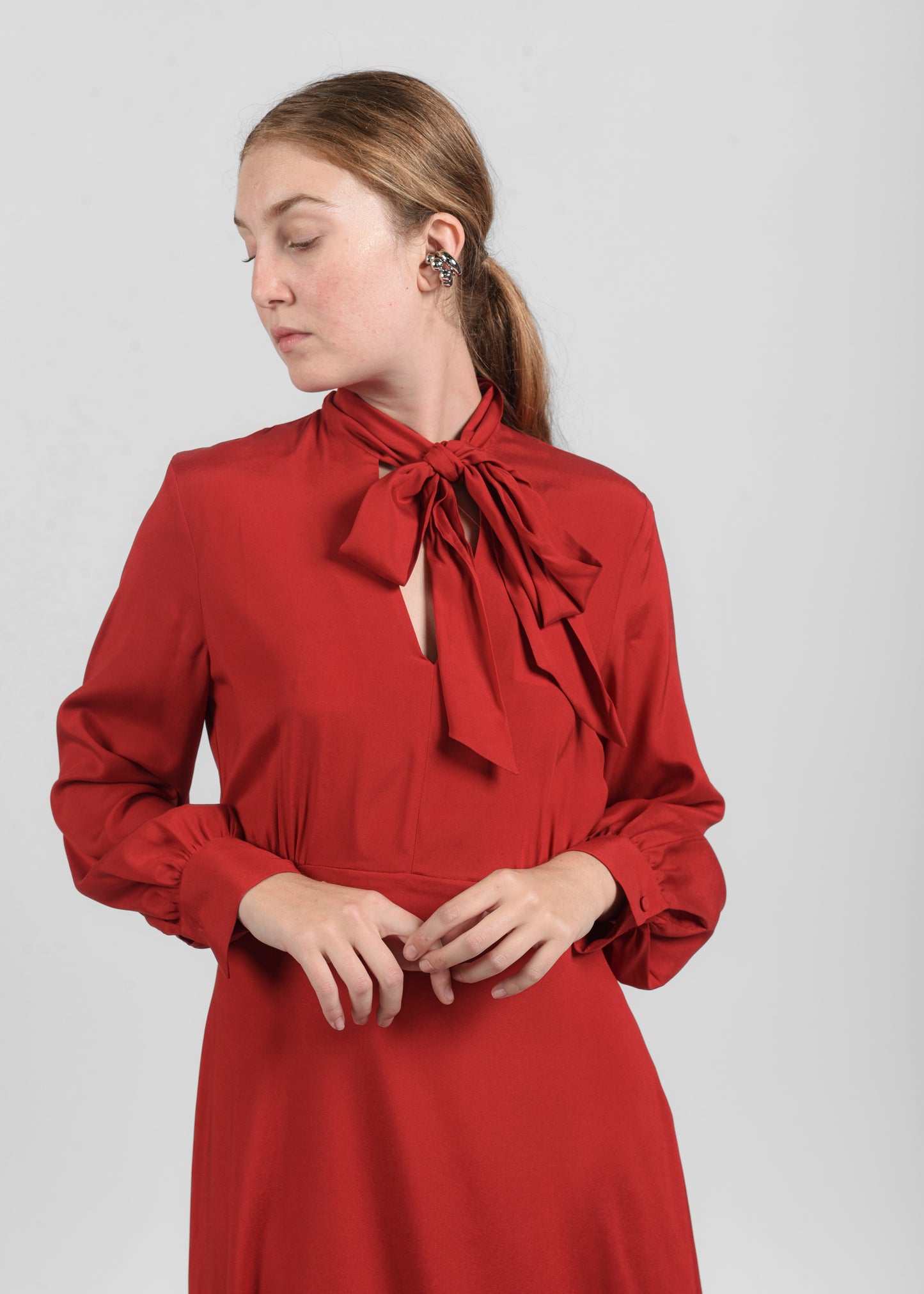 Long Silk Dress with Bow - Rosso