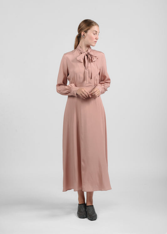 Long Silk Dress with Bow - Rosa