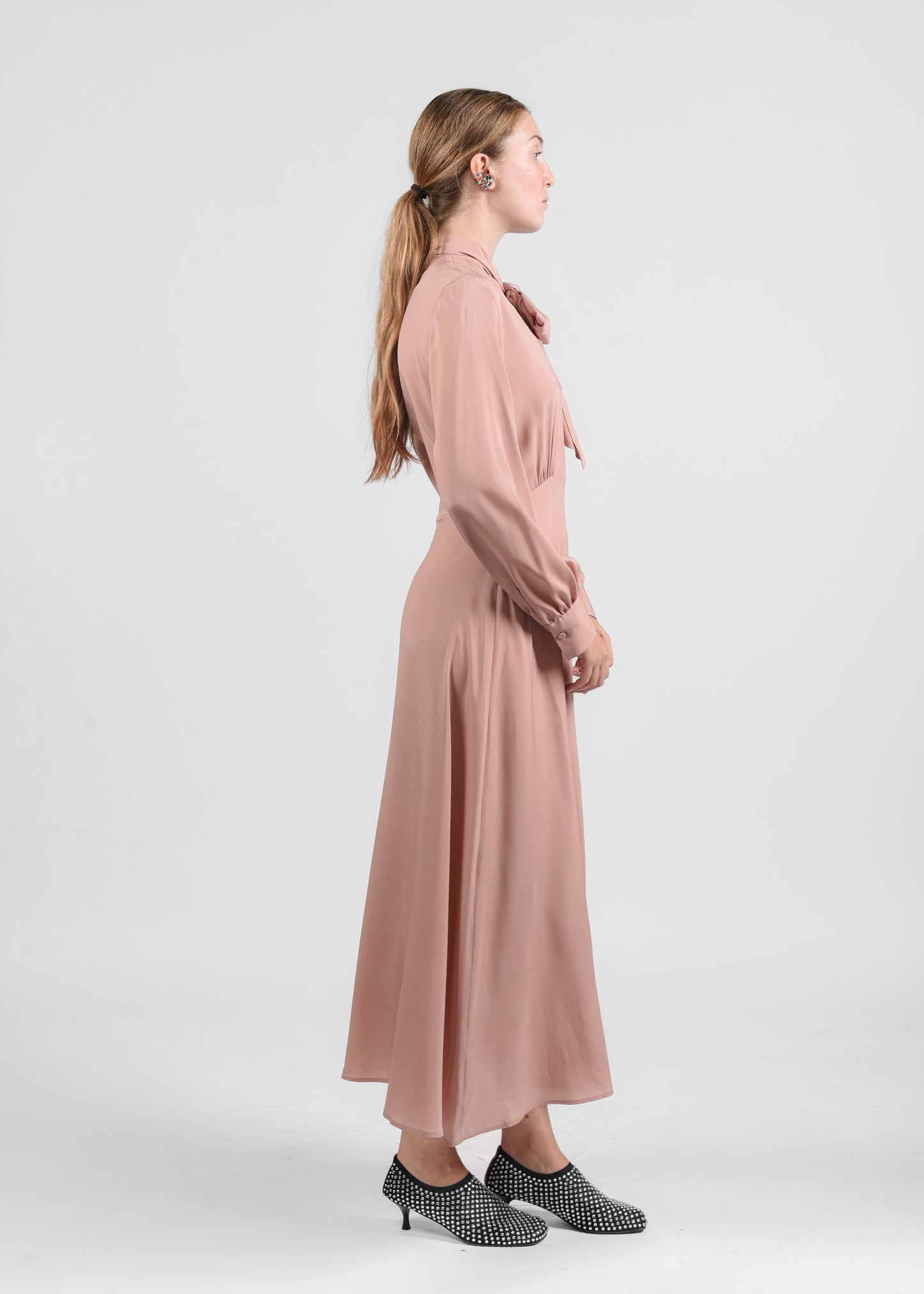 Long Silk Dress with Bow - Rosa