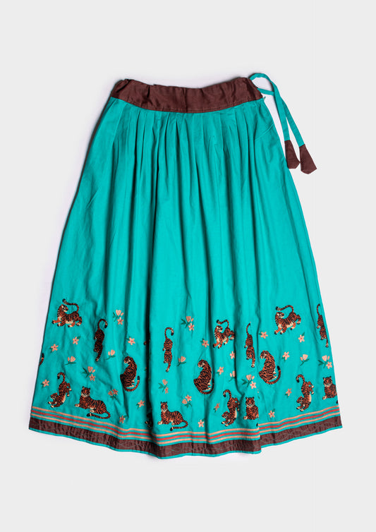 Happy Tiger Midi Skirt - Acqua/Marrone