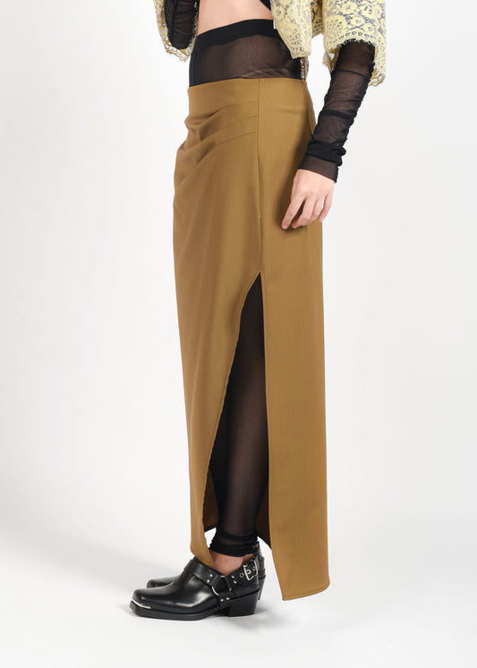 Long Wool Pencil Skirt - Olive Oil