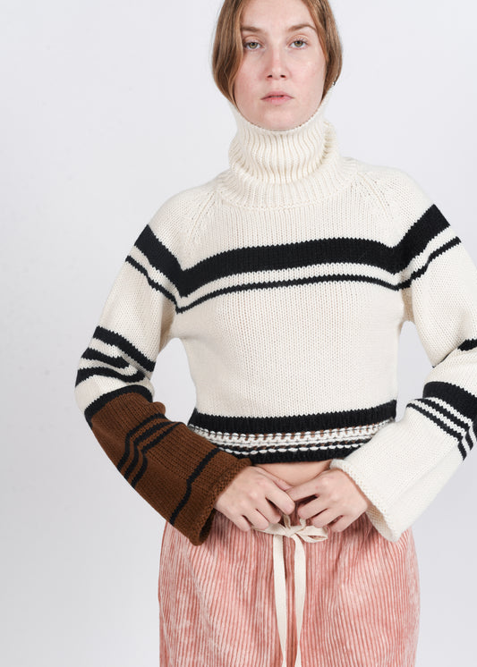 Cropped Striped Turtleneck Sweater - White/Black/Brown