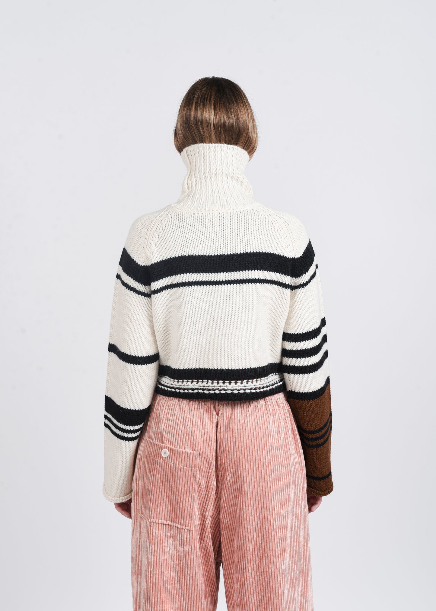 Cropped Striped Turtleneck Sweater - White/Black/Brown