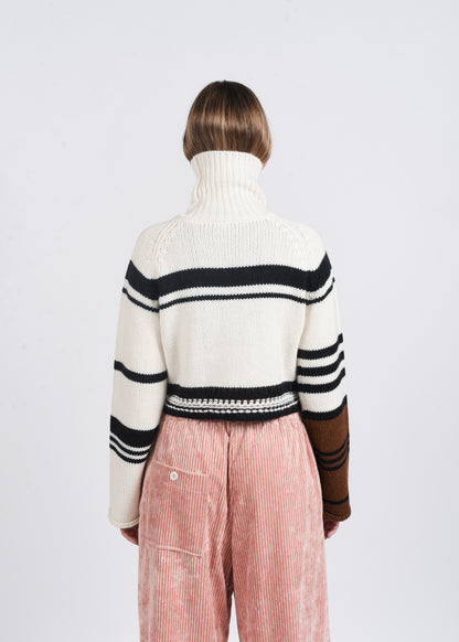 Cropped Striped Turtleneck Sweater - White/Black/Brown