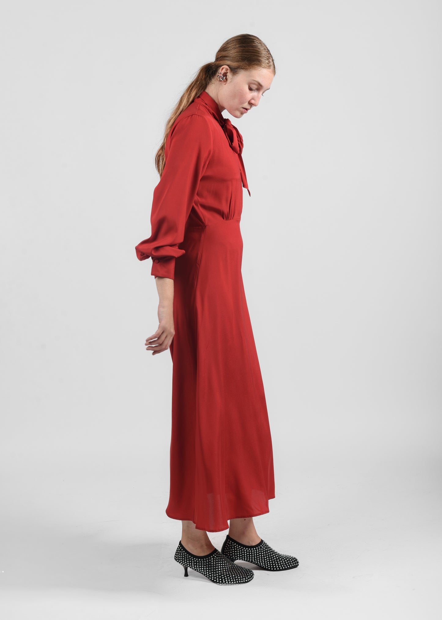 Long Silk Dress with Bow - Rosso