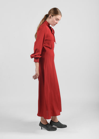 Long Silk Dress with Bow - Rosso