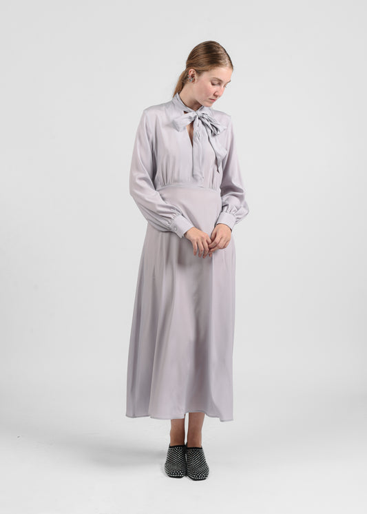 Long Silk Dress with Bow - Grigio