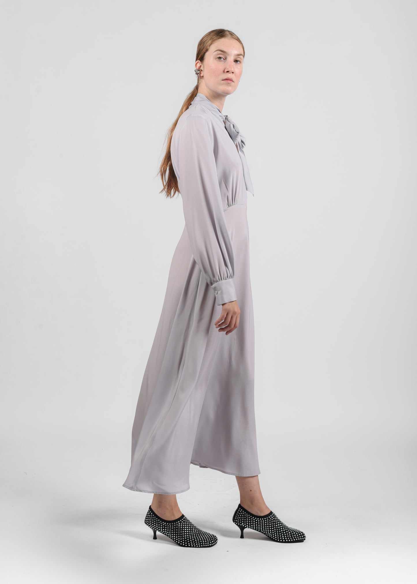 Long Silk Dress with Bow - Grigio