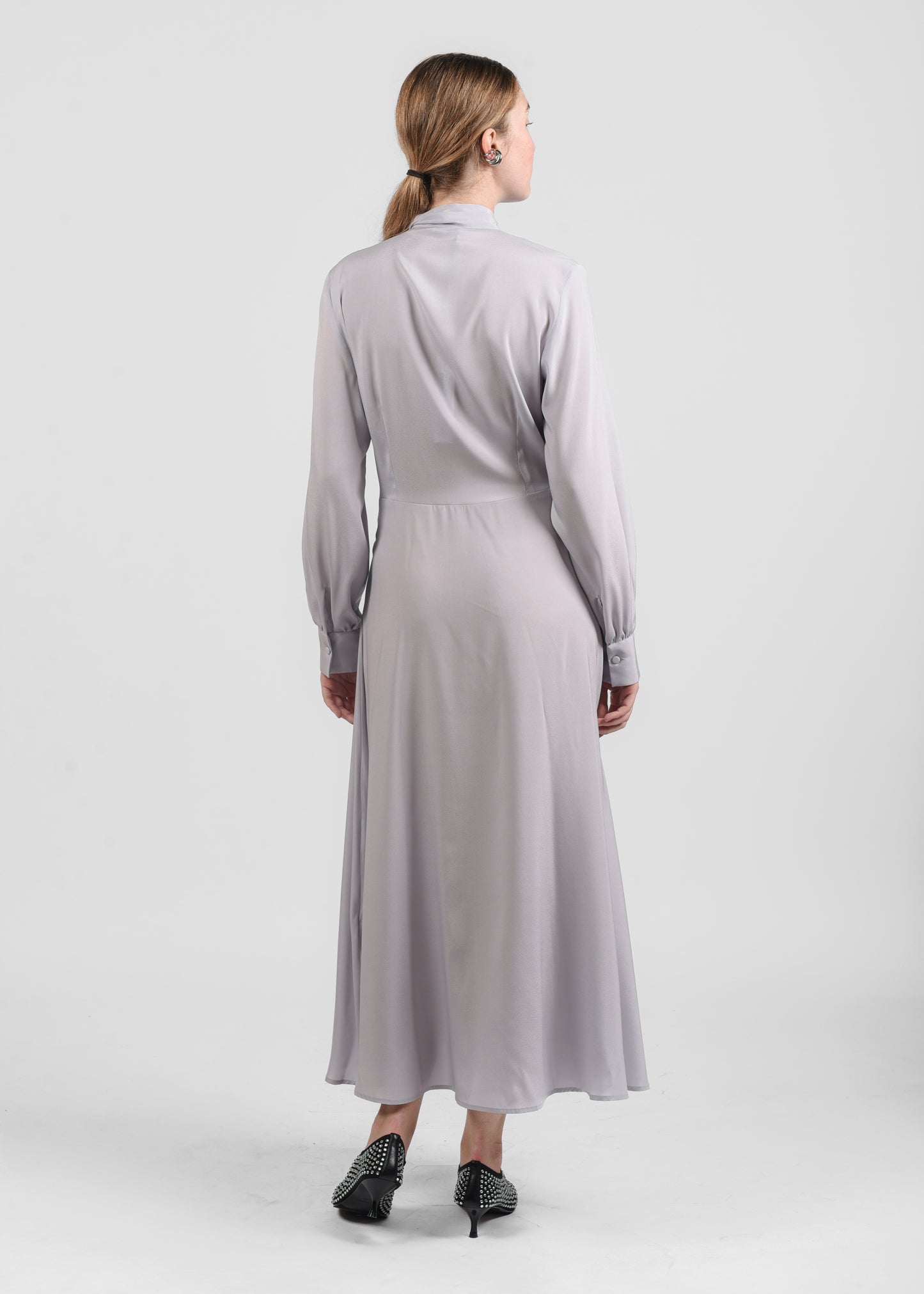Long Silk Dress with Bow - Grigio