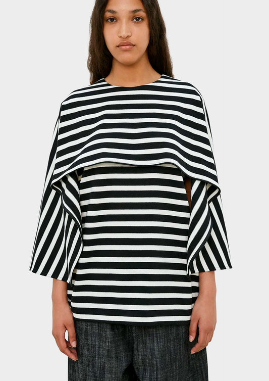 Striped Tank Top with Cape Detail - Bianco/Nero