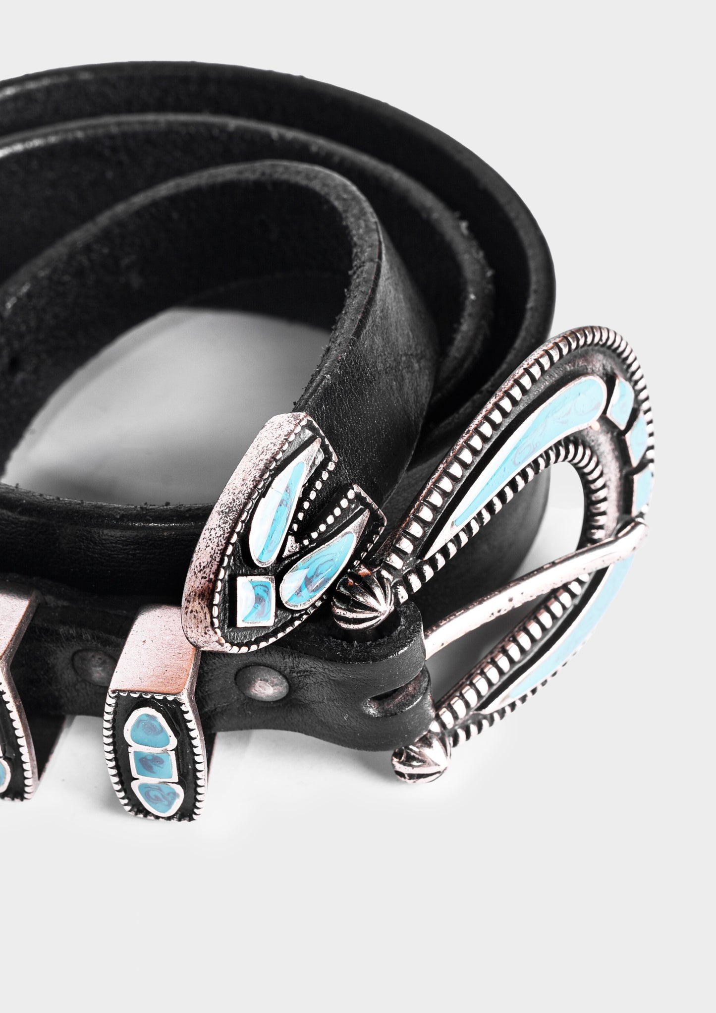 Black Leather Belt with Turquoise Buckle
