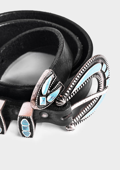 Black Leather Belt with Turquoise Buckle