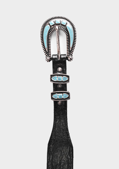Black Leather Belt with Turquoise Buckle