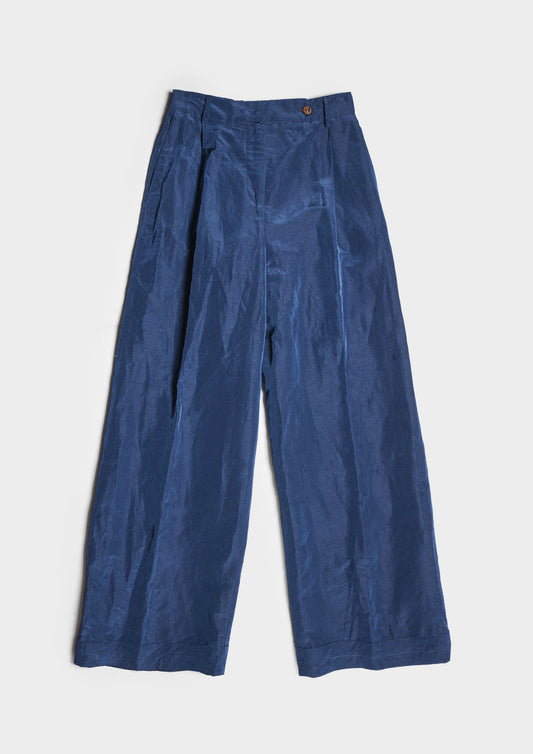 Wide-Leg Pleated Trousers - Cobalto