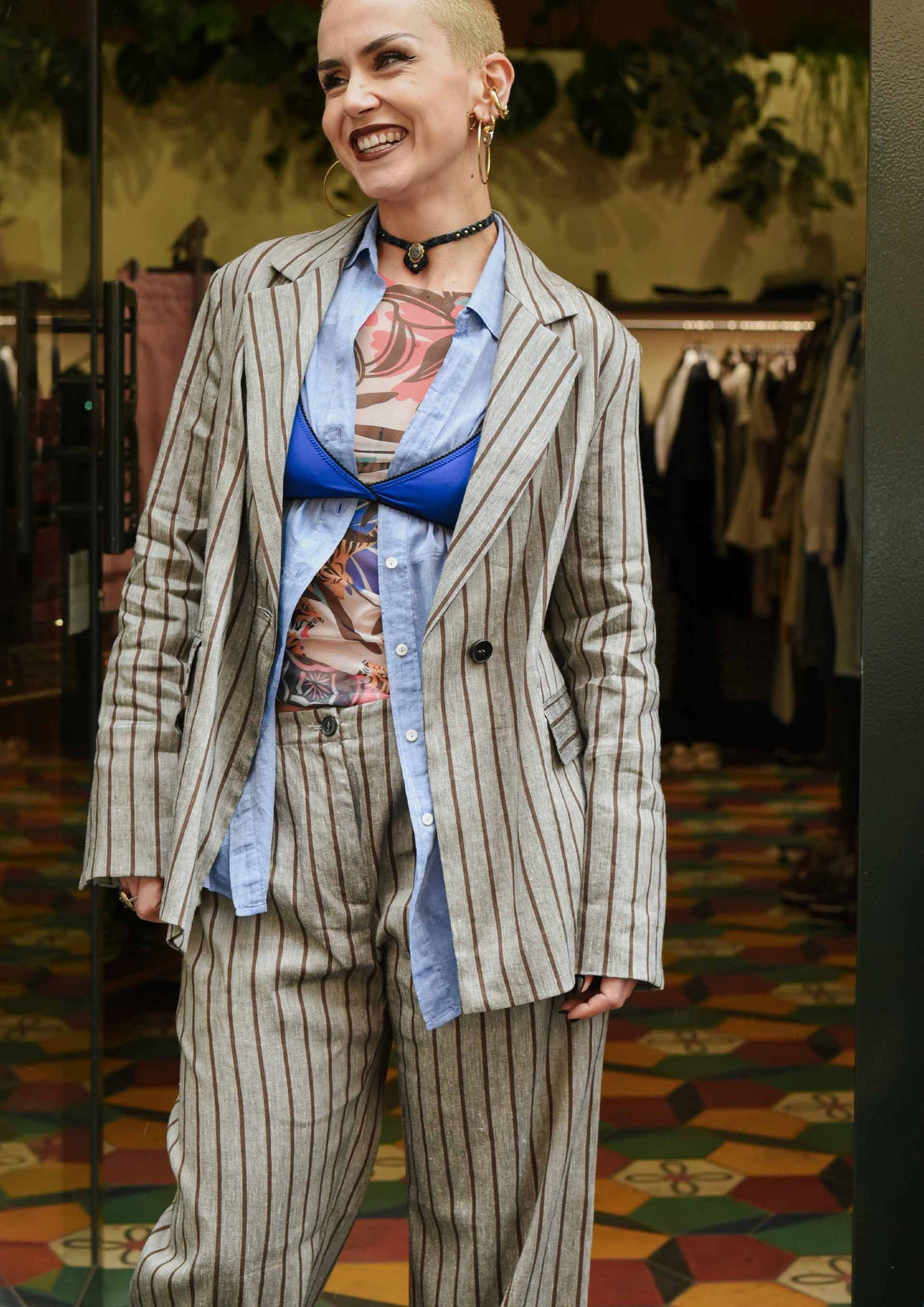 Linen-Viscose Pinstripe Blazer - Brown