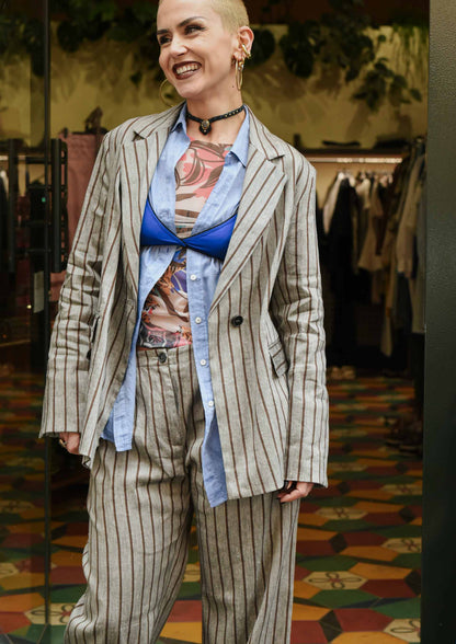 Linen-Viscose Pinstripe Blazer - Brown