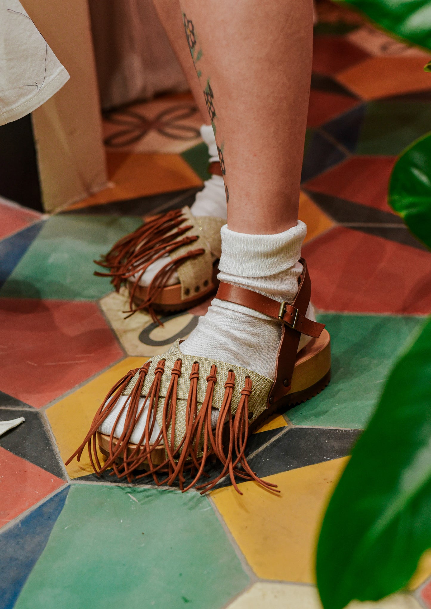 Fringed Leather and Fabric Clogs - Lino