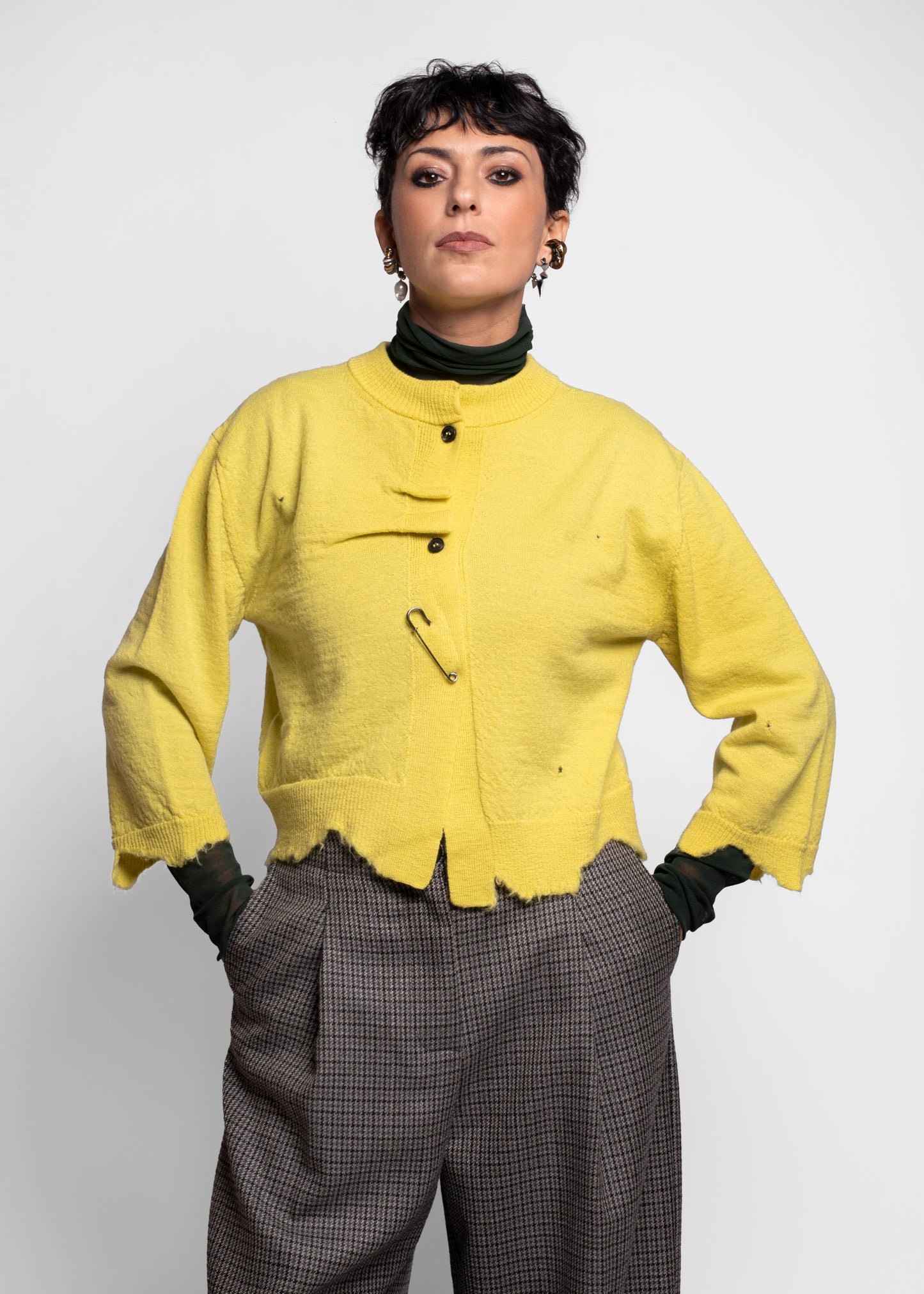 Frayed Wool Crewneck Cardigan - Lemon