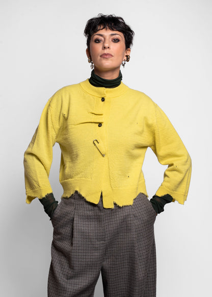 Frayed Wool Crewneck Cardigan - Lemon