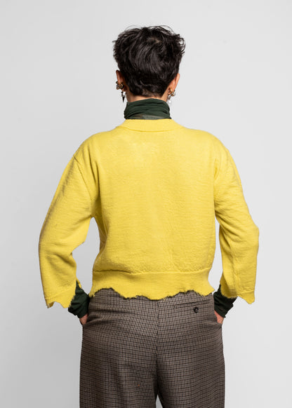 Frayed Wool Crewneck Cardigan - Lemon