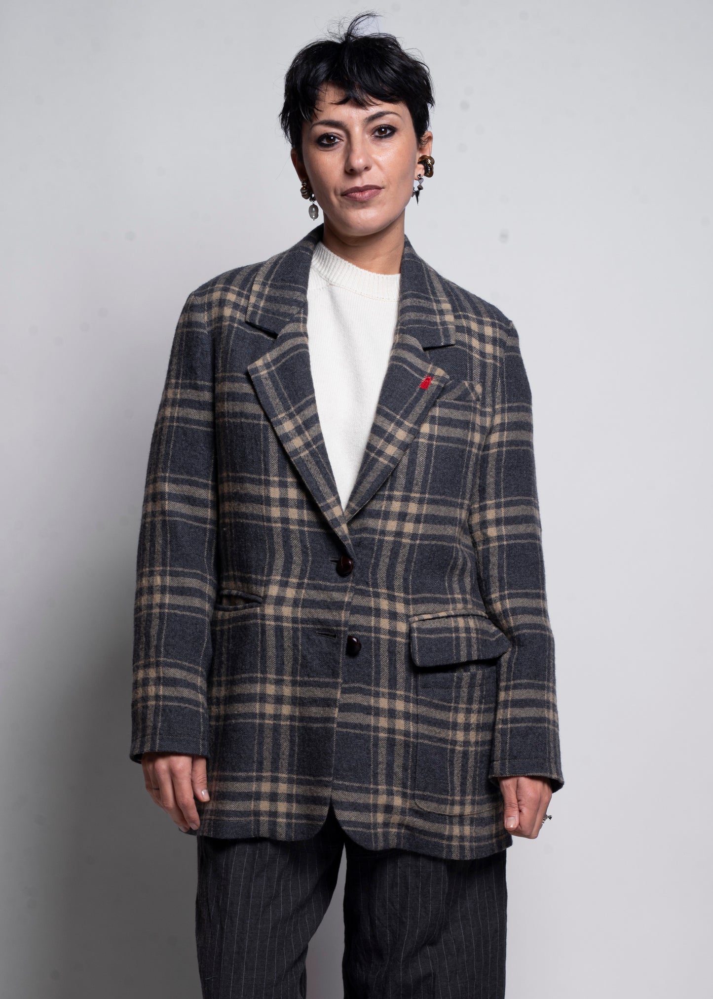 Checked Wool Jacket - Piombo/Beige
