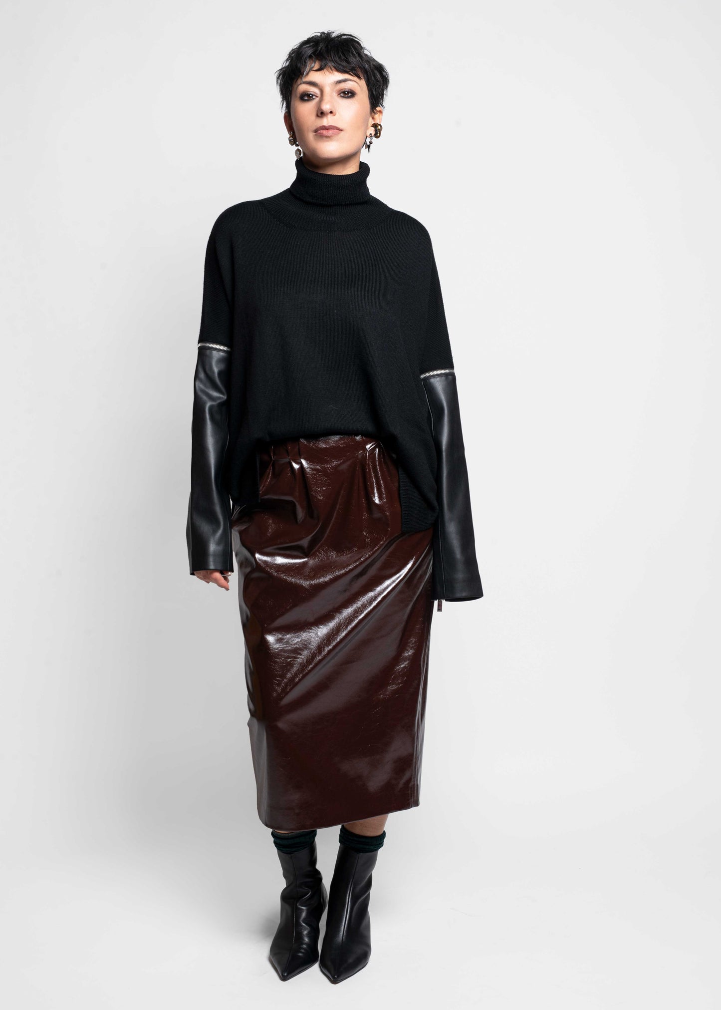 Faux Leather-Sleeve Sweater - Black