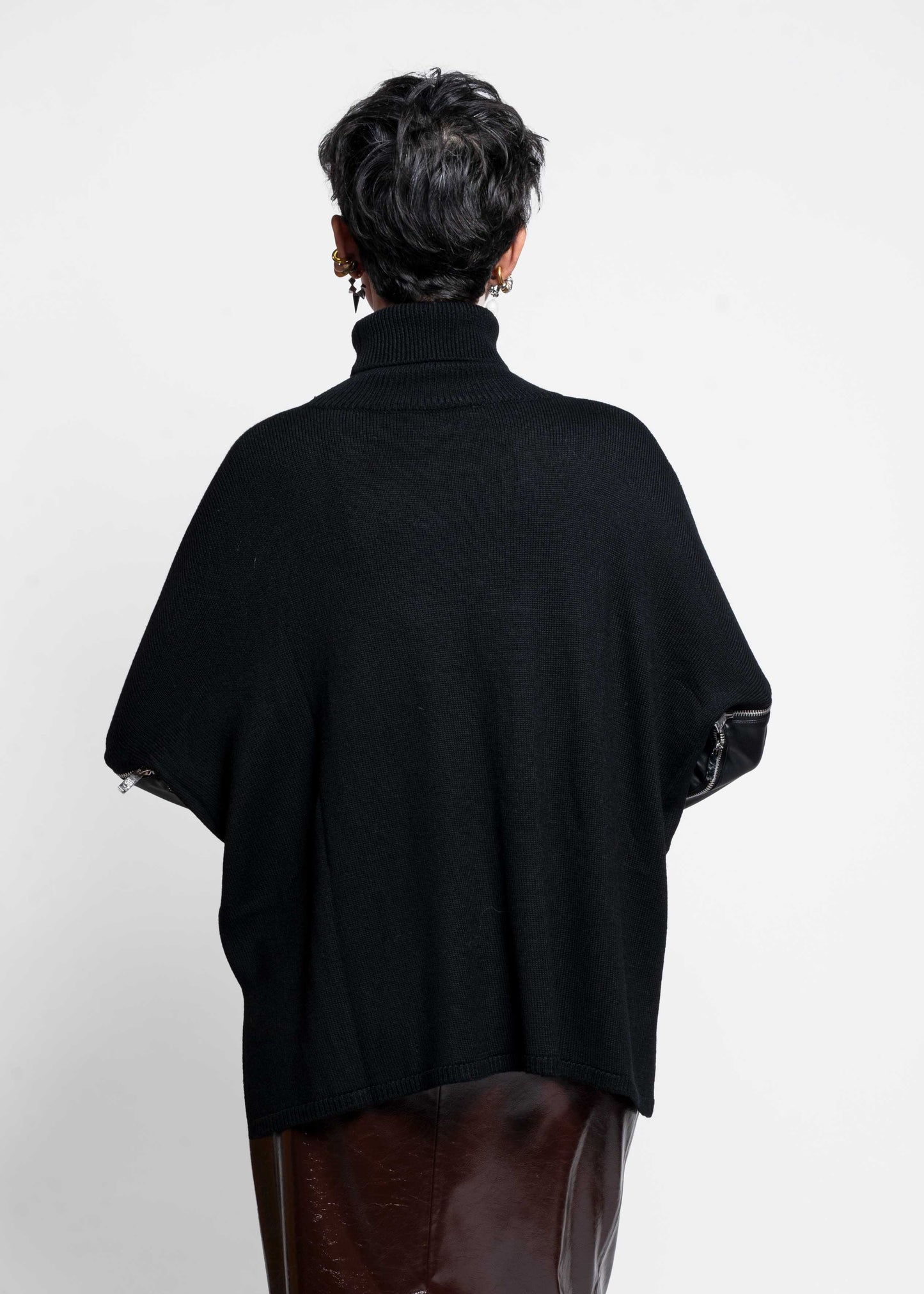 Faux Leather-Sleeve Sweater - Black