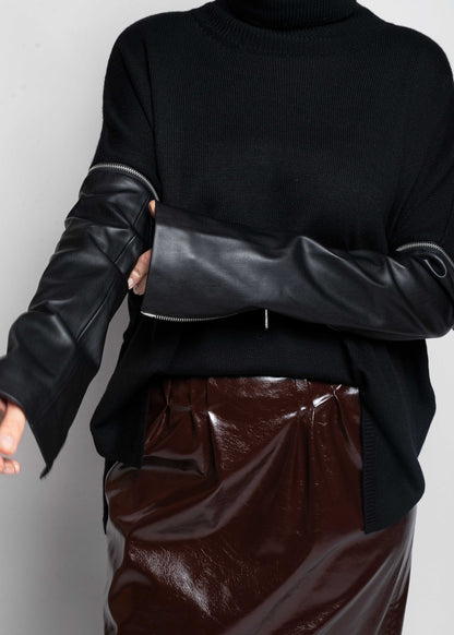 Faux Leather-Sleeve Sweater - Black