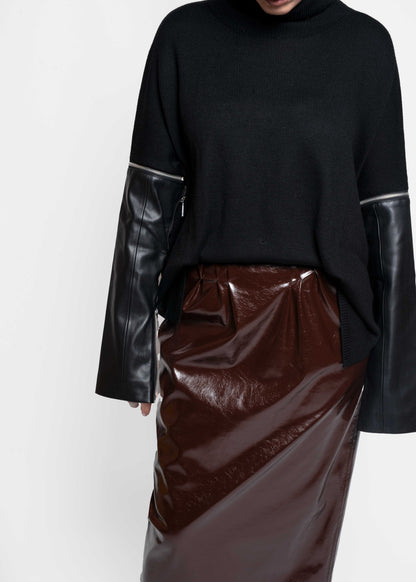 Faux Leather-Sleeve Sweater - Black